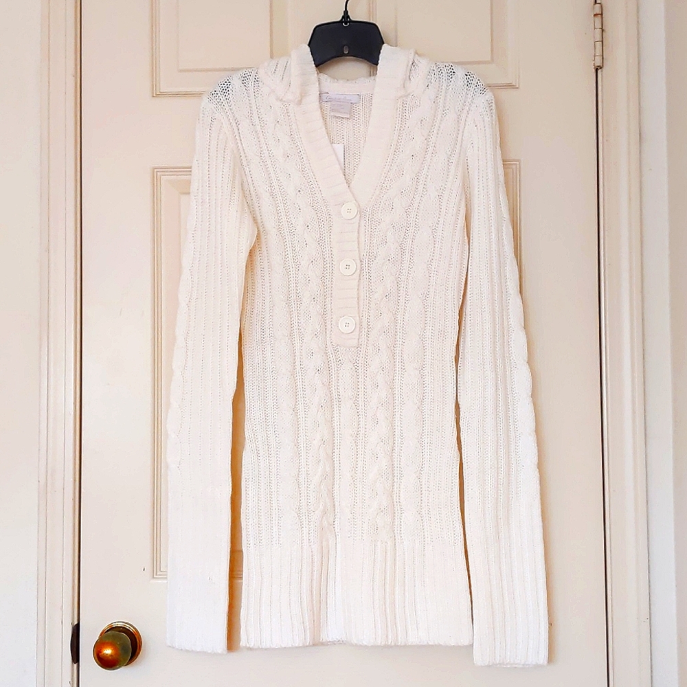 NWT. Charlotte Russe Woman Long sweater with hoodie and knitted stripe patterns.